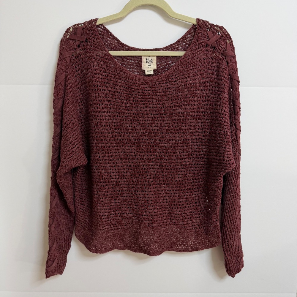 Billabong Womens Burgundy Open Knit Lace Up Sweater Small Boho Coastal Festival - Picture 1 of 10